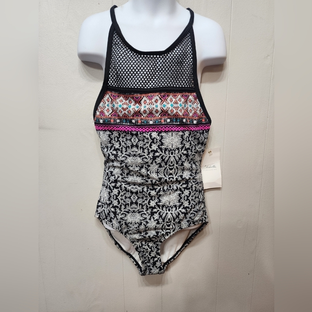 NWT Clarabella Turquoise Swimsuit Medium Black‎ White  One-Piece Beach Swim C367